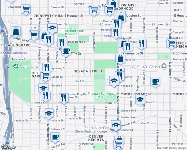 map of restaurants, bars, coffee shops, grocery stores, and more near 317 Toledo Street in San Antonio