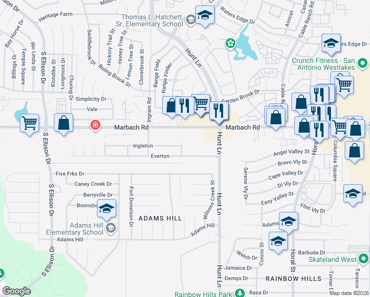 map of restaurants, bars, coffee shops, grocery stores, and more near 1706 Guilford Court in San Antonio