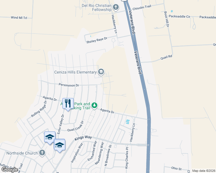 map of restaurants, bars, coffee shops, grocery stores, and more near 106 Persimmon Drive in Del Rio