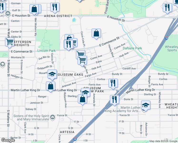 map of restaurants, bars, coffee shops, grocery stores, and more near 214 Hub Avenue in San Antonio