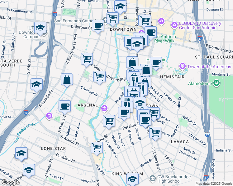 map of restaurants, bars, coffee shops, grocery stores, and more near in San Antonio
