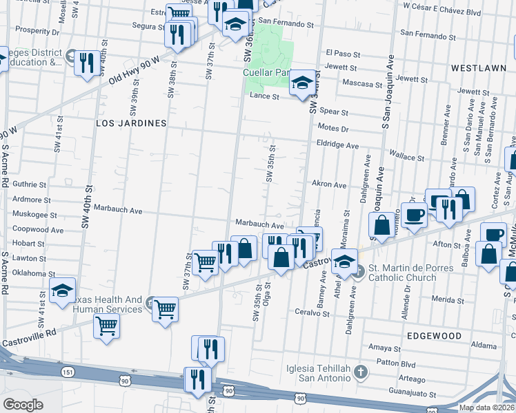 map of restaurants, bars, coffee shops, grocery stores, and more near 839 Southwest 35th Street in San Antonio