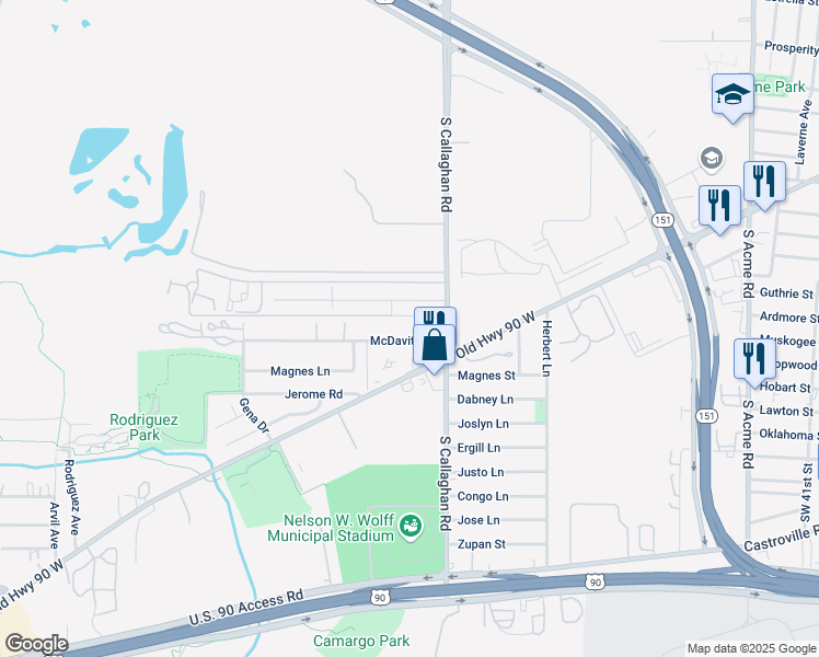 map of restaurants, bars, coffee shops, grocery stores, and more near 5631 McDavitt Road in San Antonio