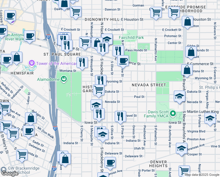 map of restaurants, bars, coffee shops, grocery stores, and more near 319 South Olive Street in San Antonio