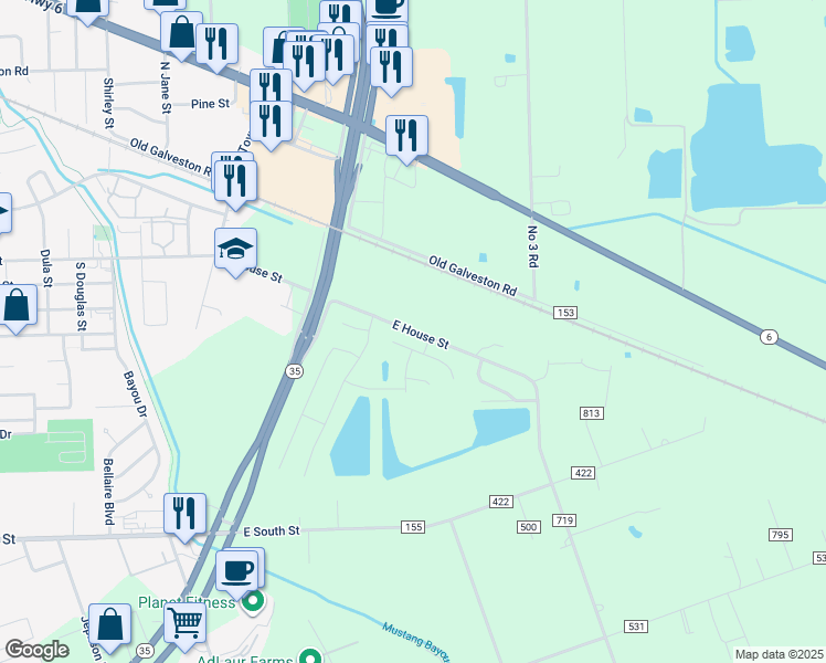 map of restaurants, bars, coffee shops, grocery stores, and more near 1901 East House Street in Alvin