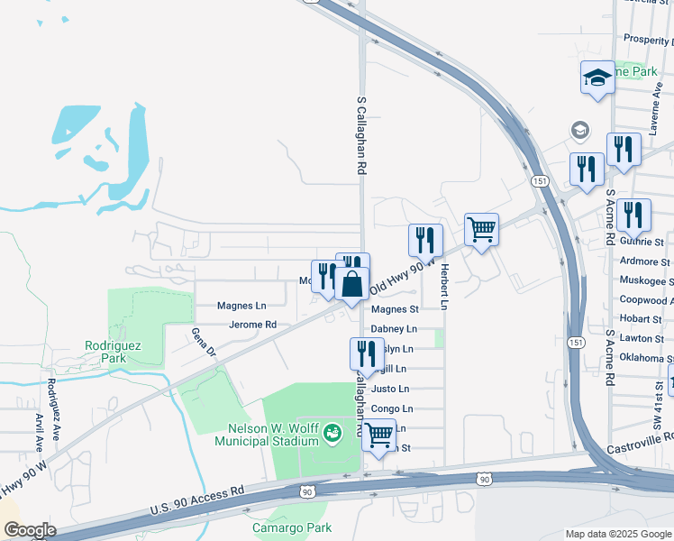 map of restaurants, bars, coffee shops, grocery stores, and more near 5631 McDavitt Road in San Antonio