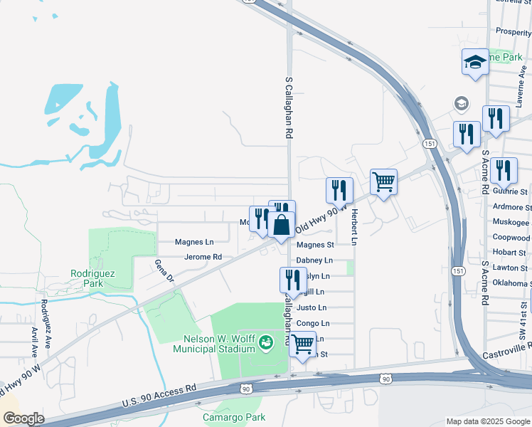 map of restaurants, bars, coffee shops, grocery stores, and more near 5631 McDavitt Road in San Antonio