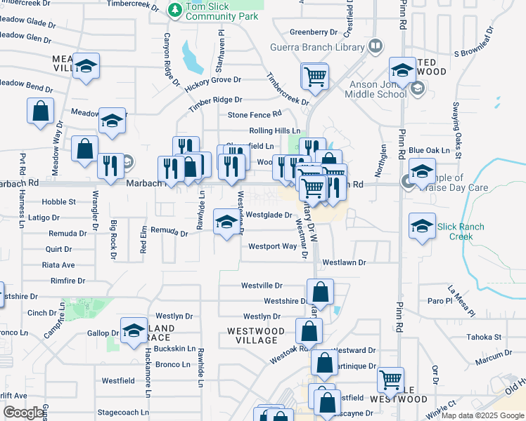 map of restaurants, bars, coffee shops, grocery stores, and more near 7211 Westglade Drive in San Antonio