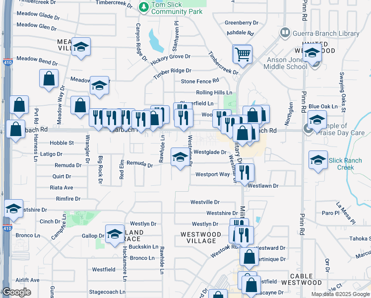 map of restaurants, bars, coffee shops, grocery stores, and more near 7307 Westglade Drive in San Antonio