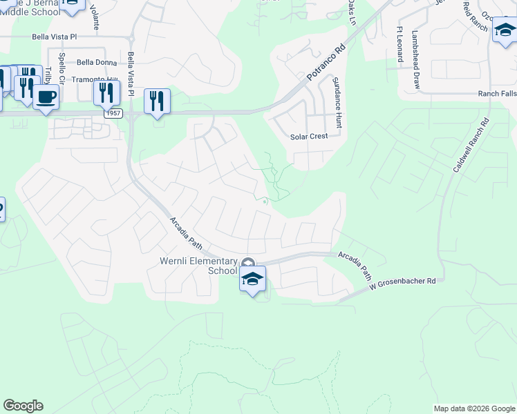 map of restaurants, bars, coffee shops, grocery stores, and more near 13518 Misty View in San Antonio