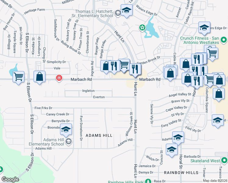 map of restaurants, bars, coffee shops, grocery stores, and more near 1714 Guilford Court in San Antonio
