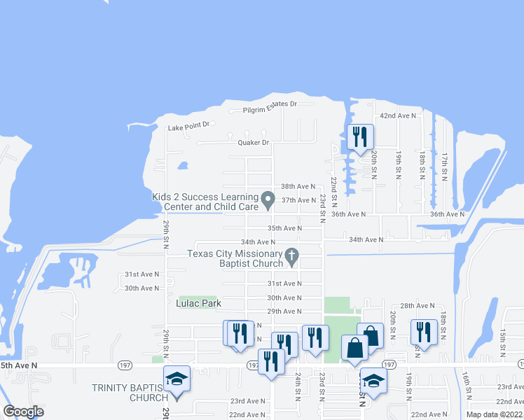 map of restaurants, bars, coffee shops, grocery stores, and more near 2514 36th Avenue North in Texas City