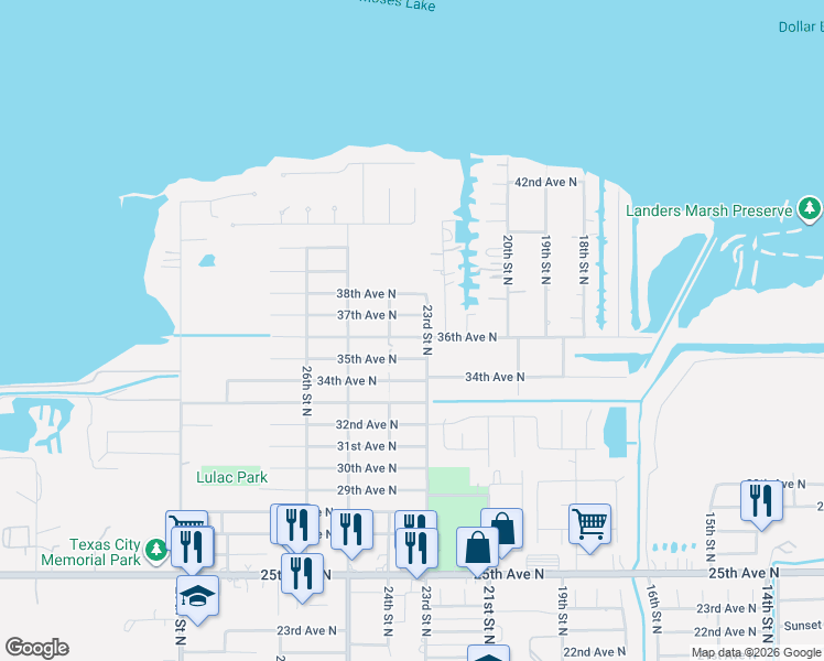 map of restaurants, bars, coffee shops, grocery stores, and more near 3604 23rd Street North in Texas City