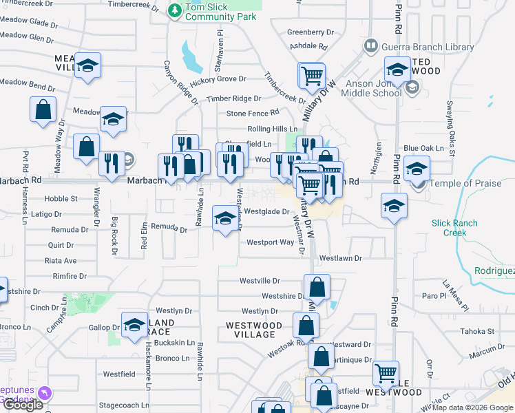 map of restaurants, bars, coffee shops, grocery stores, and more near 7211 Westglade Drive in San Antonio