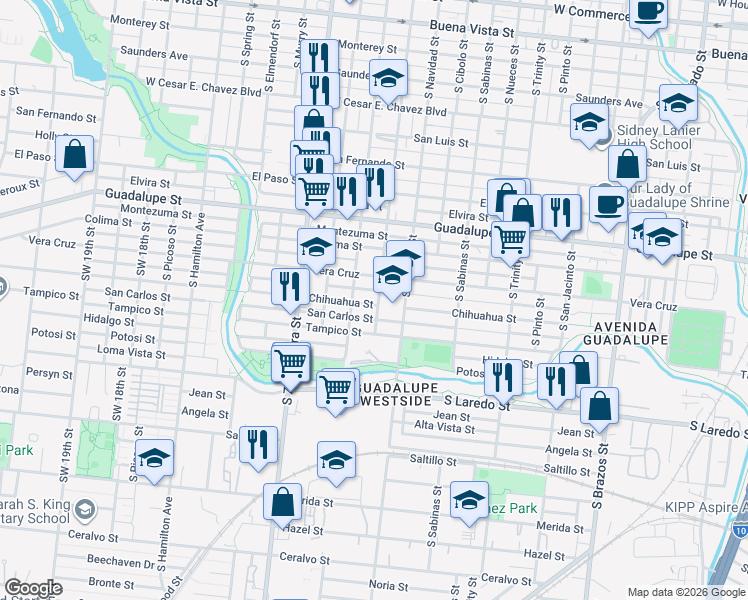 map of restaurants, bars, coffee shops, grocery stores, and more near 1111 South Navidad Street in San Antonio