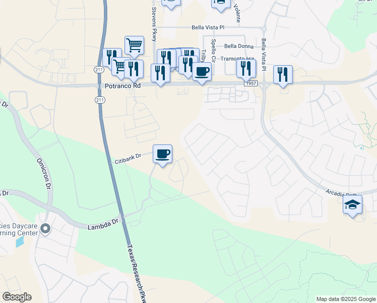 map of restaurants, bars, coffee shops, grocery stores, and more near 1605 Crown Daisy in San Antonio