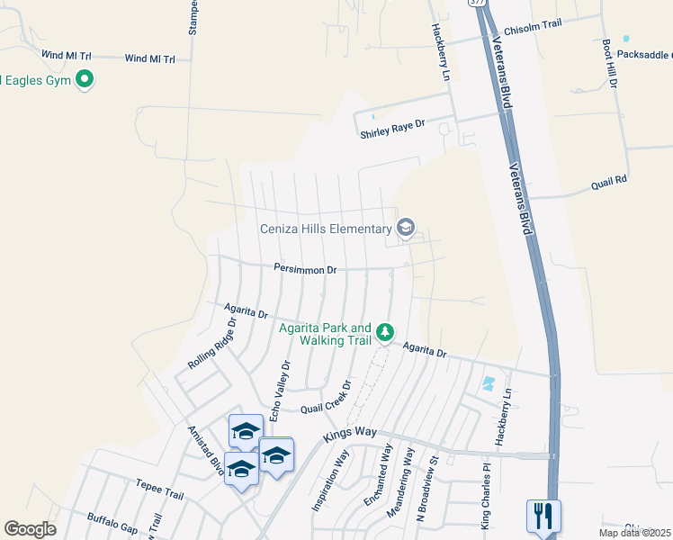 map of restaurants, bars, coffee shops, grocery stores, and more near Persimmon Drive in Del Rio