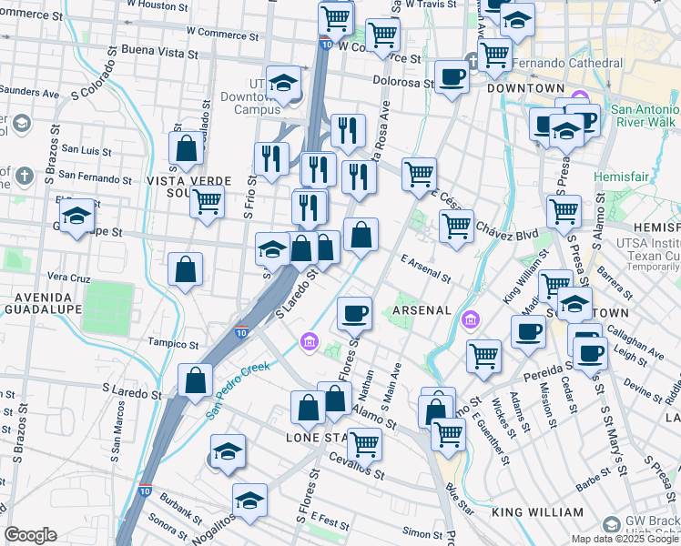 map of restaurants, bars, coffee shops, grocery stores, and more near 146 Guadalupe Street in San Antonio