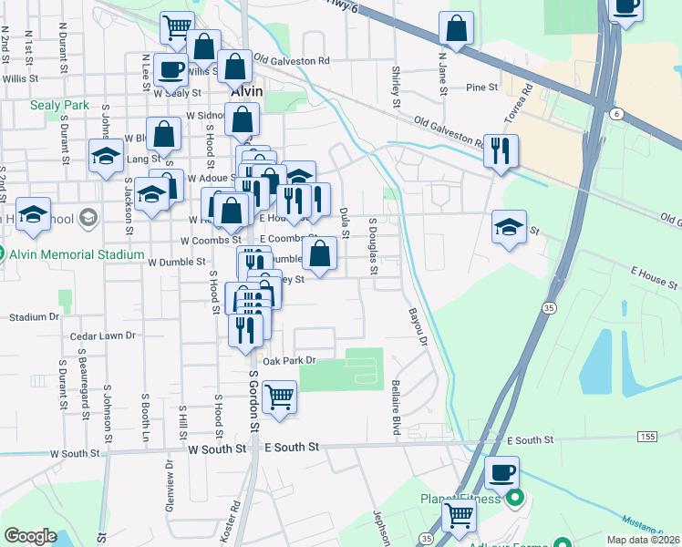 map of restaurants, bars, coffee shops, grocery stores, and more near 417 East Foley Street in Alvin