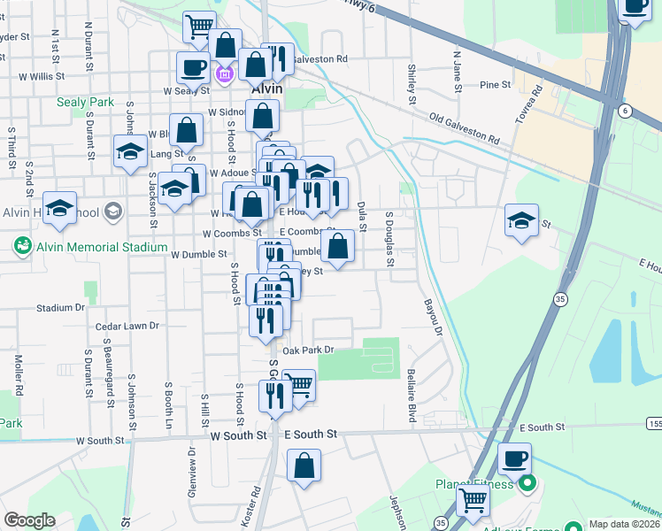 map of restaurants, bars, coffee shops, grocery stores, and more near 313 East Foley Street in Alvin