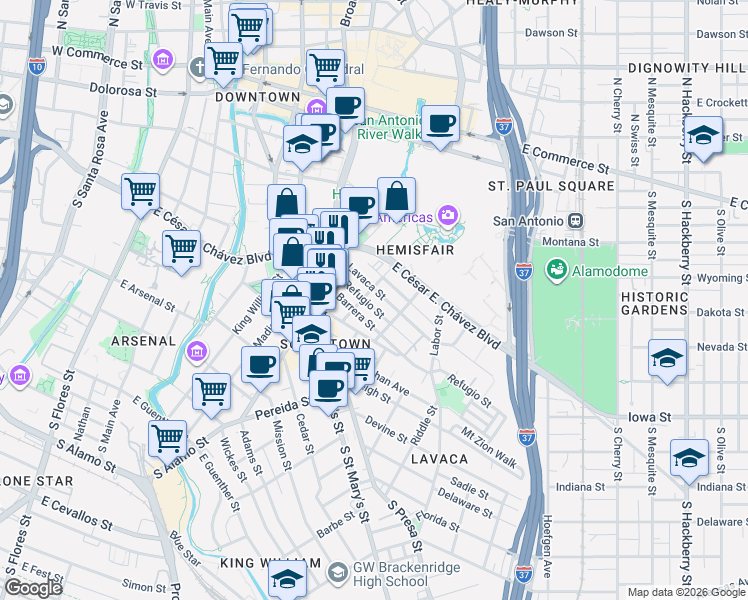 map of restaurants, bars, coffee shops, grocery stores, and more near 711 Matagorda Street in San Antonio
