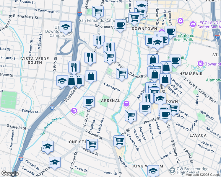 map of restaurants, bars, coffee shops, grocery stores, and more near 6 East Arsenal Street in San Antonio