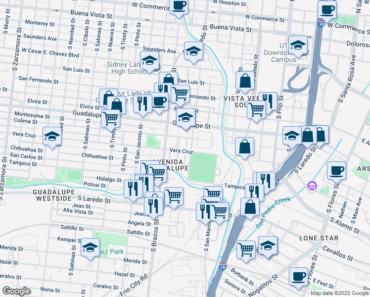 map of restaurants, bars, coffee shops, grocery stores, and more near 1014 Julia Ross Street in San Antonio