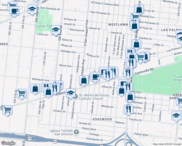 map of restaurants, bars, coffee shops, grocery stores, and more near 1417 Romero in San Antonio