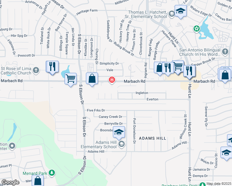 map of restaurants, bars, coffee shops, grocery stores, and more near 1711 Coxwold Court in San Antonio