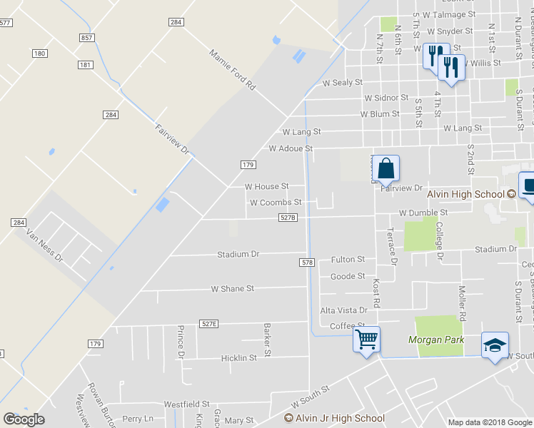map of restaurants, bars, coffee shops, grocery stores, and more near 2330 West Dumble Street in Alvin