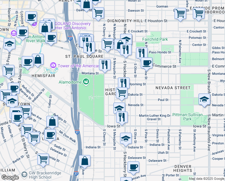 map of restaurants, bars, coffee shops, grocery stores, and more near 128 Dashiell in San Antonio