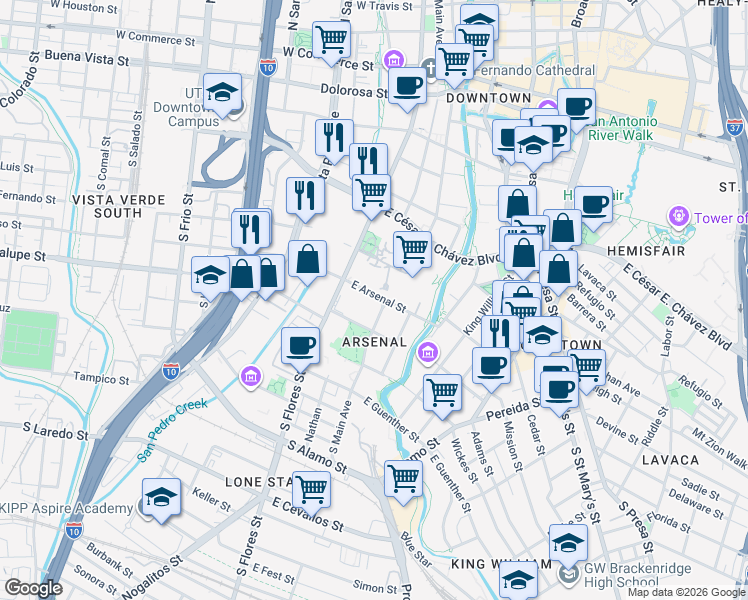 map of restaurants, bars, coffee shops, grocery stores, and more near 210 East Arsenal Street in San Antonio
