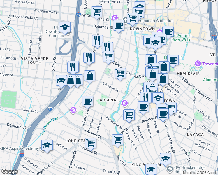 map of restaurants, bars, coffee shops, grocery stores, and more near 6 East Arsenal Street in San Antonio