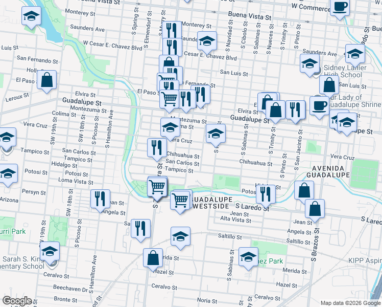 map of restaurants, bars, coffee shops, grocery stores, and more near 1825 Chihuahua St in San Antonio
