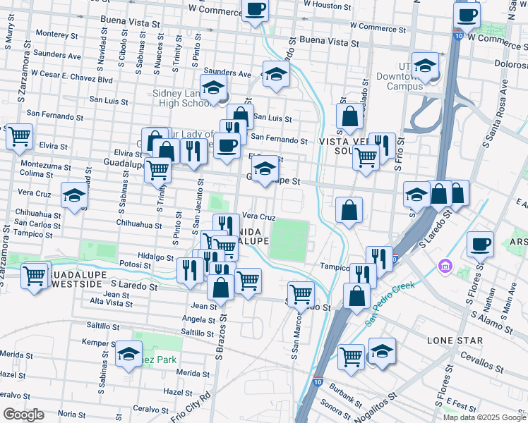 map of restaurants, bars, coffee shops, grocery stores, and more near 1014 Julia Ross Street in San Antonio