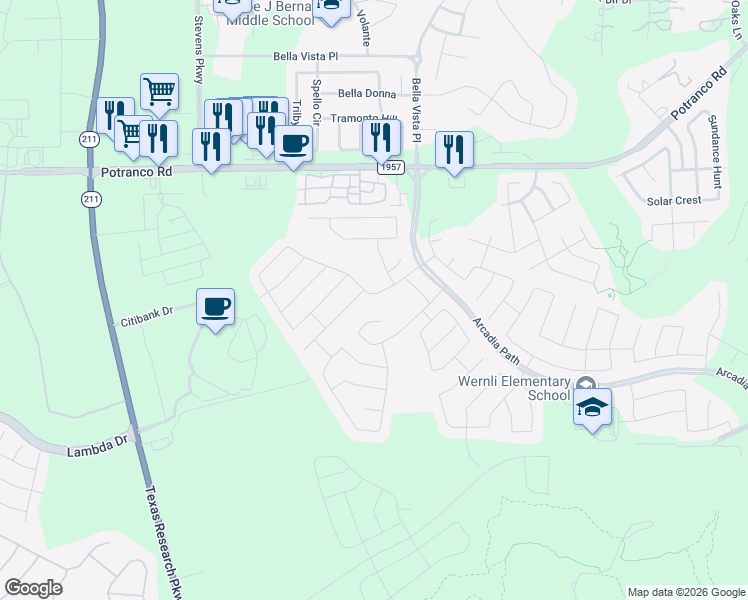 map of restaurants, bars, coffee shops, grocery stores, and more near 13834 Laurel Branch in San Antonio