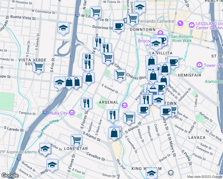 map of restaurants, bars, coffee shops, grocery stores, and more near East Arsenal Street in San Antonio