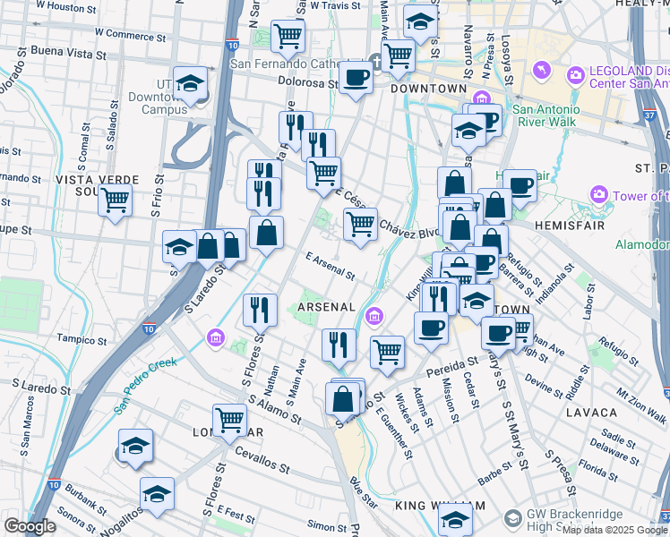map of restaurants, bars, coffee shops, grocery stores, and more near East Arsenal Street in San Antonio