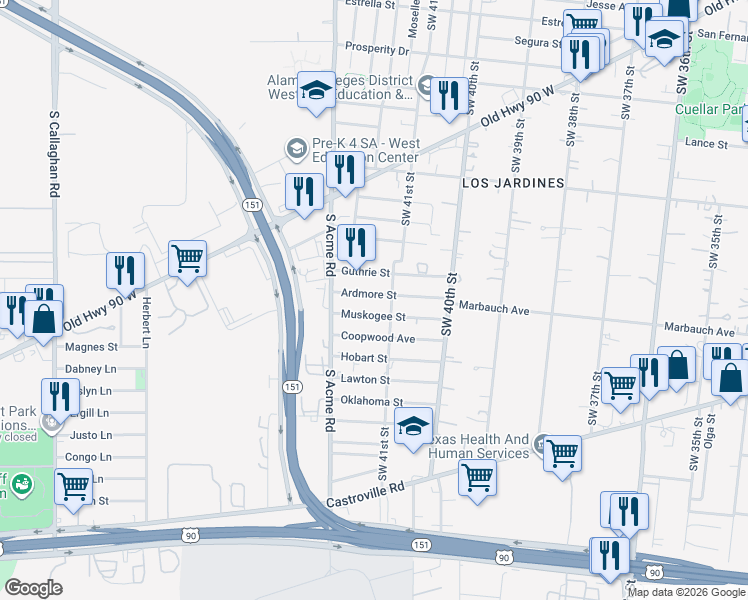 map of restaurants, bars, coffee shops, grocery stores, and more near 218 Ardmore Street in San Antonio