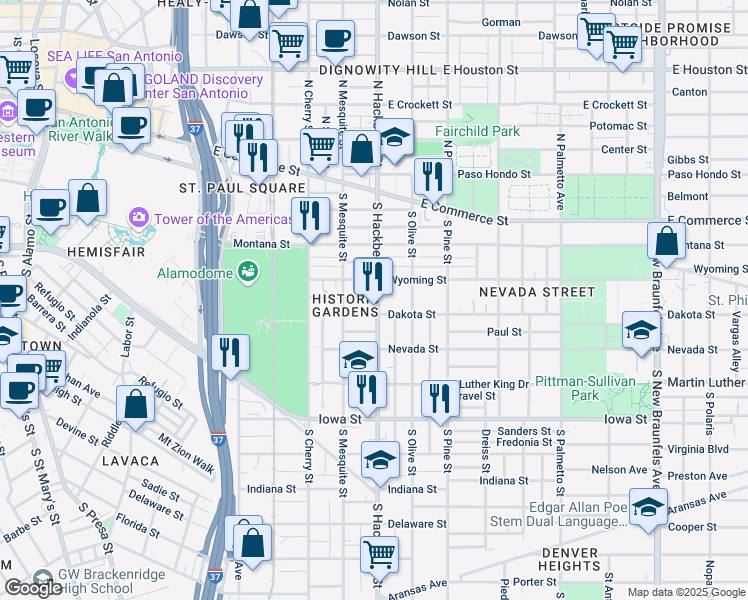map of restaurants, bars, coffee shops, grocery stores, and more near 232 Dashiell in San Antonio