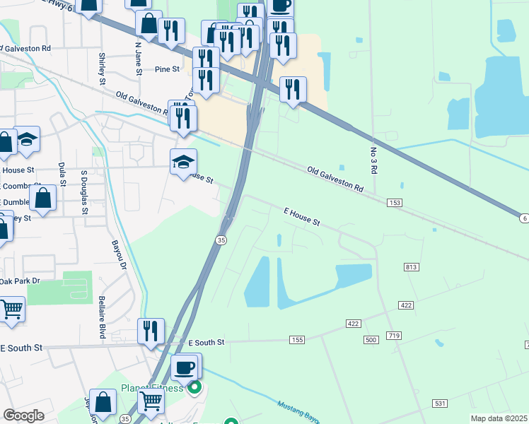 map of restaurants, bars, coffee shops, grocery stores, and more near 1901 East House Street in Alvin
