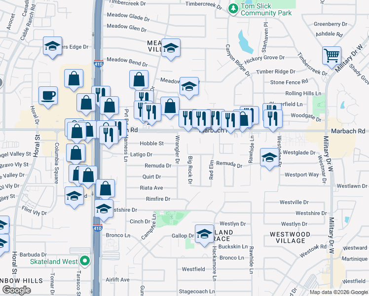 map of restaurants, bars, coffee shops, grocery stores, and more near 1614 Sweet Rock Drive in San Antonio