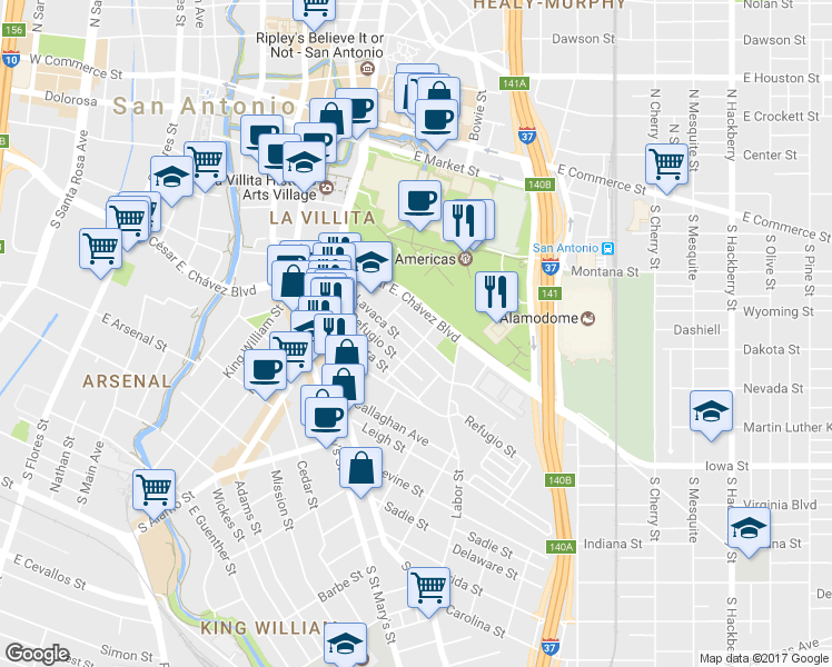 map of restaurants, bars, coffee shops, grocery stores, and more near 226 Garfield Alley in San Antonio