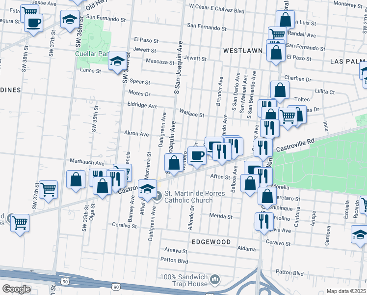 map of restaurants, bars, coffee shops, grocery stores, and more near 1417 Romero in San Antonio