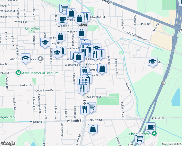 map of restaurants, bars, coffee shops, grocery stores, and more near 201 East Foley Street in Alvin