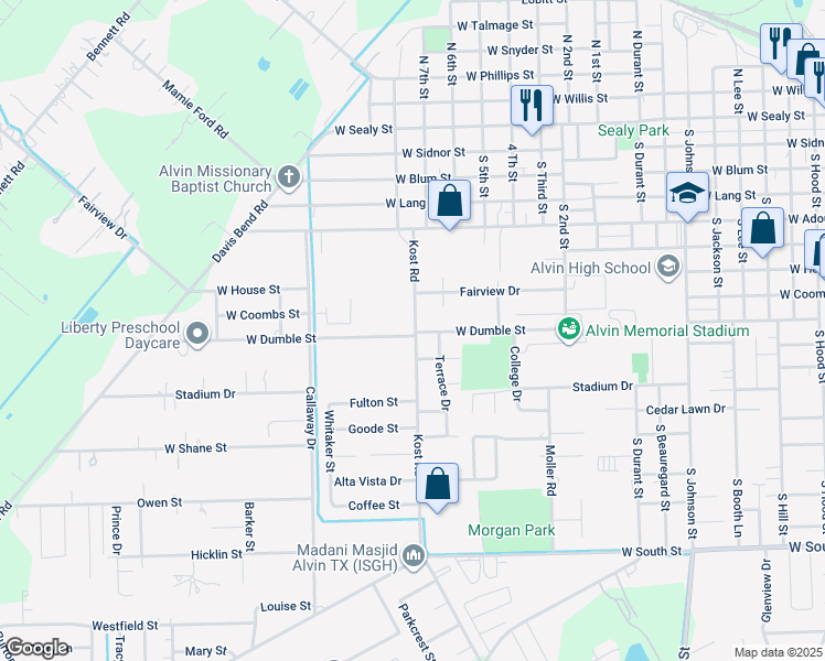 map of restaurants, bars, coffee shops, grocery stores, and more near 1718 West Dumble Street in Alvin