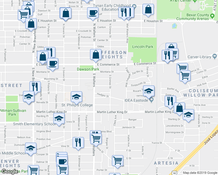 map of restaurants, bars, coffee shops, grocery stores, and more near 340 Maryland Street in San Antonio