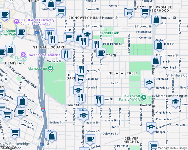 map of restaurants, bars, coffee shops, grocery stores, and more near 319 South Olive Street in San Antonio