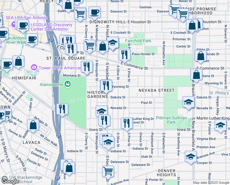 map of restaurants, bars, coffee shops, grocery stores, and more near 319 South Olive Street in San Antonio