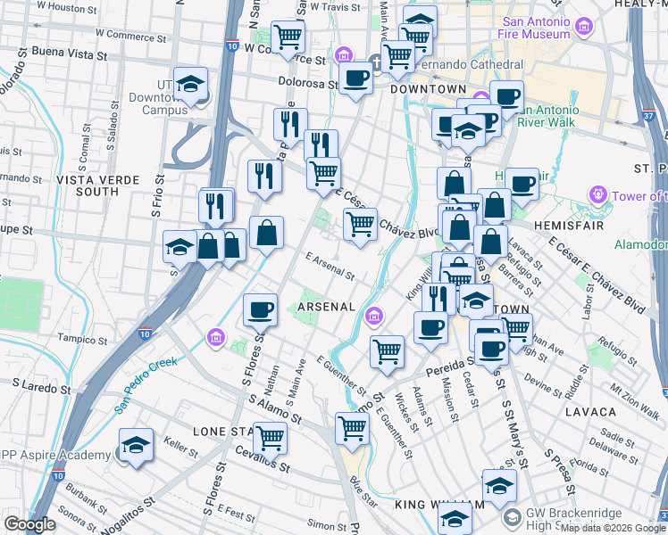 map of restaurants, bars, coffee shops, grocery stores, and more near 6 East Arsenal Street in San Antonio